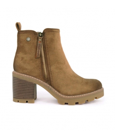 REFRESH Bottines vegan marron, bout rond, talon large, zip latéral, semelle épaisse