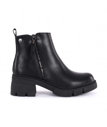 REFRESH Bottines vegan noires à talon large, zip latéral, semelle épaisse, bout rond