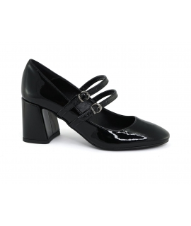 VSI MARY Jane en cuir verni noir vegan talon large à double bride fabriqué en Italie